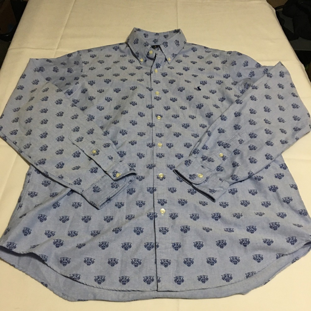 Ralph Lauren Mens Long Sleeve Button Down Shirt XL Blue Tiger Print Classic Fit